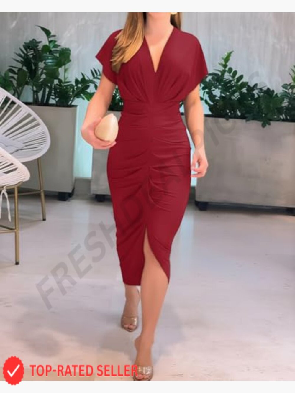 Floral Print Midi Dress Plunge V Neck Ruched Bodycon Slit Casual Party - Picture 2 of 7